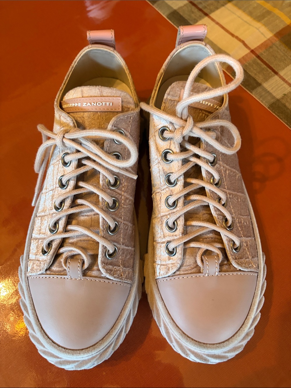 Giuseppe Zanotti Pink Croc-Texture Lace-Up Sneakers